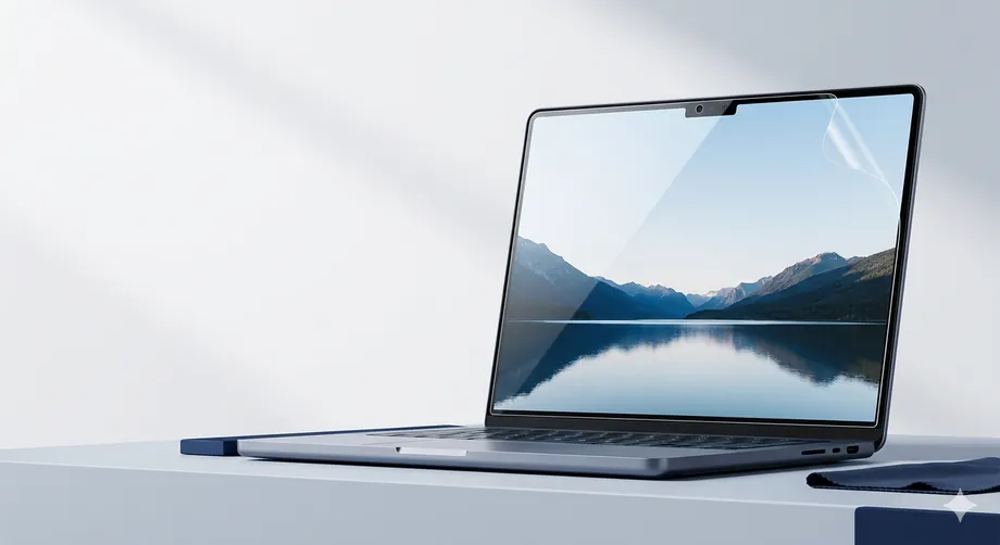 Laptop with a crystal-clear screen guard showing a sharp landscape