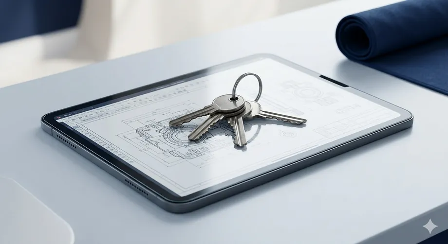 Metal keys resting on a protected tablet screen