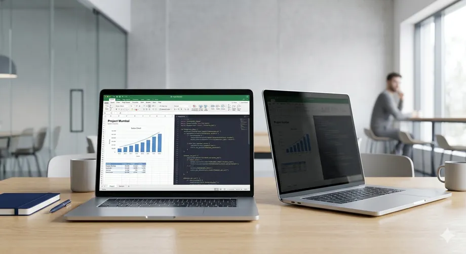 Two laptops side by side, one screen darkened by a privacy guard
