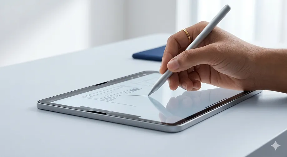Hand writing on a tablet with a stylus through the screen guard